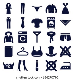 Clothing icons set. set of 25 clothing filled icons such as washing machine, hanger, iron, laundry, no bleaching, no dry cleaning, woman boots, man underwear, female underwear