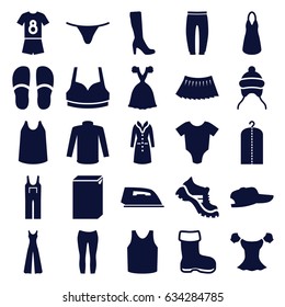 Clothing icons set. set of 25 clothing filled icons such as boot, baby onesie, baby cap, woman boot, iron, washing machine, clothes on hanger, slippers, female underwear