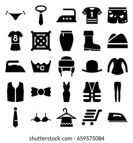 Clothing icons set. set of 25 clothing filled icons such as hat, panties with heart, hanger, iron, laundry, no dry cleaning, bra, blouse, sleeveless shirt, tie, woman pants