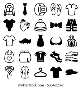 Clothing icons set. set of 25 clothing filled and outline icons such as baby onesie, bra, hanger, boot, t-shirt, bow tie, dress, soccer trainers, tie, life vest, baby bid