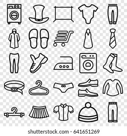 Clothing icons set. set of 25 clothing outline icons such as baby onesie, hanger, iron, socks, overcoat, slippers, man shoe, female underwear, dress, underpants, blouse