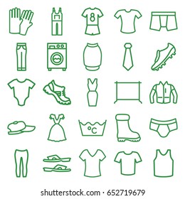 Clothing icons set. set of 25 clothing outline icons such as baby onesie, glove, shirt, laundry, hanger, slippers, boot, man underwear, singlet, t-shirt, jumpsuit, woman pants