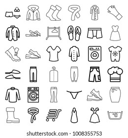 Clothing icons. set of 36 editable outline clothing icons such as baby onesie, shirt, washing machine, slippers, man underwear, female underwear, dress, sweater, tie, pants