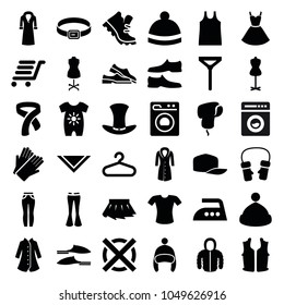 Clothing icons. set of 36 editable filled clothing icons such as baby onesie, hanger, gloves, mannequin, slippers, man shoe, t-shirt, tie, cravat, woman pants, winter hat