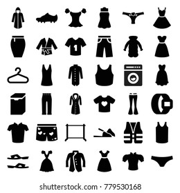 Clothing icons. set of 36 editable filled clothing icons such as dress, hanger, slippers, singlet, t-shirt, blouse, pants, woman pants, skirt, jacket, overcoat, belt