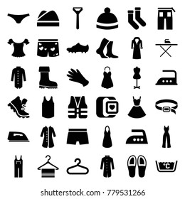 Clothing icons. set of 36 editable filled clothing icons such as hanger, gloves, iron, mannequin, socks, female underwear, dress, pants, jumpsuit, winter hat, belt, jacket