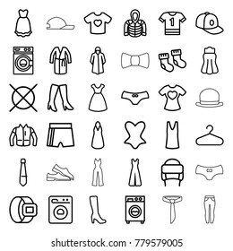 Clothing icons. set of 36 editable outline clothing icons such as baby socks, woman boot, dress, washing machine, no dry cleaning, hanger, overcoat, woman boots