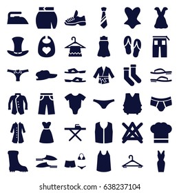 Clothing icons set. set of 36 clothing filled icons such as baby onesie, baby bid, hanger, ironing table, iron, no bleaching, socks, slippers, boot, man underwear