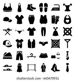 Clothing icons set. set of 36 clothing filled icons such as baby onesie, baby bid, glove, panties with heart, shirt, ironing table, iron, no dry cleaning, hanger, socks