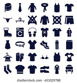 Clothing icons set. set of 36 clothing filled icons such as boot, washing machine, baby onesie, glove, shirt, hanger, no bleaching, no dry cleaning, socks, overcoat, slippers