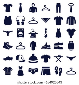 Clothing icons set. set of 36 clothing filled icons such as baby onesie, hanger, ironing table, socks, slippers, man underwear, female underwear, t-shirt, jacket, blouse, tie