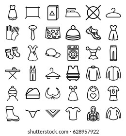 Clothing icons set. set of 36 clothing outline icons such as baby socks, baby bid, baby cap, glove, hanger, bra, ironing table, iron, washing machine, no dry cleaning, boot