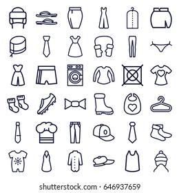 Clothing icons set. set of 36 clothing outline icons such as baby socks, baby onesie, hanger, panties with heart, dress, washing machine, clothes on hanger, no dry cleaning