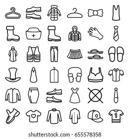 Clothing icons set. set of 36 clothing outline icons such as boot, hanger, dress, gloves, clothes on hanger, no dry cleaning, overcoat, slippers, man shoe, sport bra, singlet