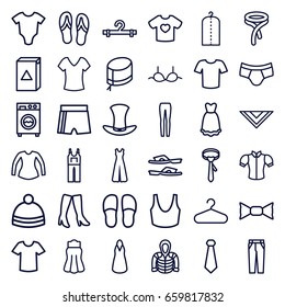 Clothing icons set. set of 36 clothing outline icons such as baby onesie, shirt, washing machine, clothes on hanger, hanger, slippers, woman boots, man underwear, sport bra