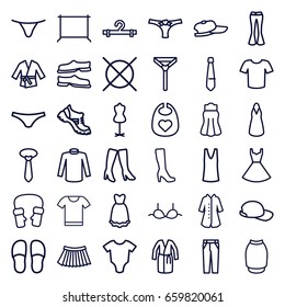 Clothing icons set. set of 36 clothing outline icons such as baby onesie, baby bid, woman boot, no dry cleaning, hanger, mannequin, slippers, woman boots, boot