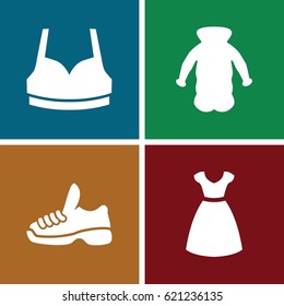 Clothing icons set. set of 4 clothing filled icons such as dress, sport bra, overcoat