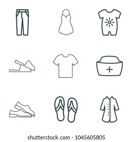 Clothing icons. set of 9 editable outline clothing icons such as baby onesie, pants, overcoat, nurse hat, flip flops, slippers, dress