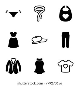 Clothing icons. set of 9 editable filled and outline clothing icons such as baby bid, panties with heart, tie, baseball cap, t-shirt with heart, pants, skirt, dress