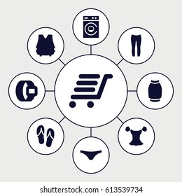 Clothing icons set. set of 9 clothing filled icons such as washing machine, female underwear, blouse, woman pants, skirt, luggage cart, flip flops, bulletproof vest