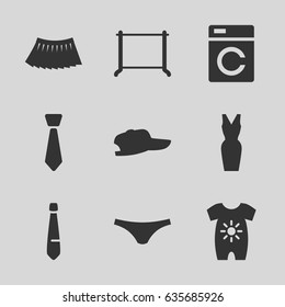 Clothing icons set. set of 9 clothing filled icons such as washing machine, baby onesie, hanger, female underwear, skirt, dress, tie