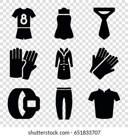 Clothing icons set. set of 9 clothing filled icons such as glove, gloves, underpants, t-shirt, tie, skirt, overcoat, football uniform