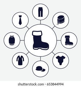 Clothing icons set. set of 9 clothing filled icons such as boot, baby onesie, dress, woman pants, skirt, nurse hat, tie