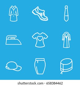 Clothing icons set. set of 9 clothing outline icons such as iron, boot, skirt, overcoat, t-shirt with heart, nurse hat, tie