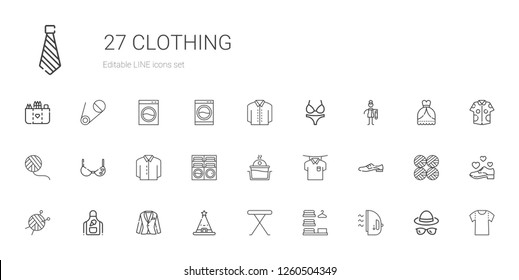 clothing icons set. Collection of clothing with iron, laundry, iron table, hat, suit, apron, wool ball, shoes, shirt, washing machine, bra. Editable and scalable clothing icons.