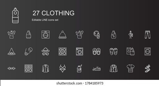clothing icons set. Collection of clothing with suit, sneakers, detergent, bikini, shirt, washing machine, bow tie, flip flops, sandals. Editable and scalable clothing icons.