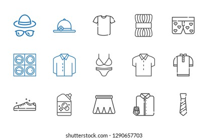 clothing icons set. Collection of clothing with tie, suit and tie, skirt, detergent, sneakers, shirt, bikini, washing machine, boxers, wool. Editable and scalable clothing icons.