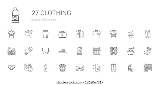clothing icons set. Collection of clothing with trousers, iron, boxers, hat, detergent, panties, wool balls, laundry, bra, safety pin, washing machine. Editable and scalable clothing icons.