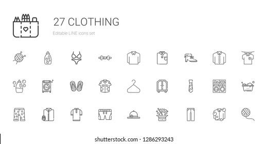 clothing icons set. Collection of clothing with trousers, hat, pamela, shorts, shirt, suit and tie, swim suit, tie, wardrobe, hanger, flip flop. Editable and scalable clothing icons.