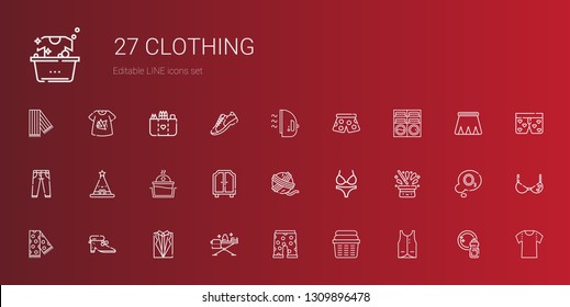 clothing icons set. Collection of clothing with vest, laundry, swim suit, ironing, suit, shoes, scarf, hat, bikini, yarn ball, wardrobe. Editable and scalable clothing icons.