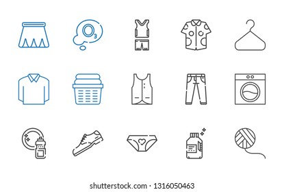 clothing icons set. Collection of clothing with wool ball, detergent, panties, shoe, washing, washing machine, jeans, vest, laundry, polo. Editable and scalable clothing icons.