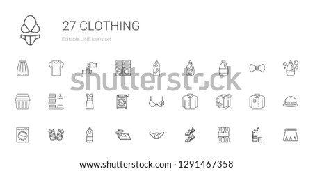 clothing icons set. Collection of clothing with wool, shoes, panties, iron, detergent, flip flop, washing machine, shirt, bra, dress, laundry. Editable and scalable clothing icons.