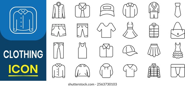 Clothing icons set. Dress, polo t-shirt, jeans, apparel, winter coat, jacket pants, clothes, sweatshirt, underwear, tank top, suit jacket. Vector illustrations.