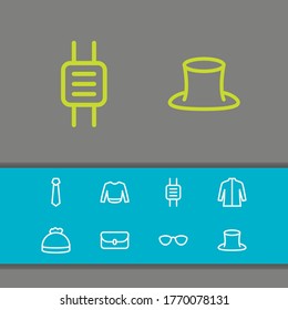 Clothing icons set with jacket, eyeglasses and bowler elements. Set of clothing icons and handbag concept. Editable vector elements for logo app UI design.
