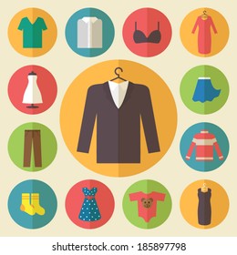 Clothing Icons Set, Shopping Elements, Flat Design Vector