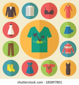 Clothing icons set, shopping elements, flat design vector