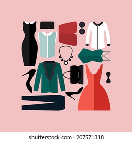 Clothing icons set, shopping elements, flat design vector