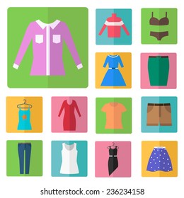 Clothing icons set, shopping elements, flat design vector