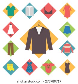 Clothing icons set, shopping elements, flat geometric design vector
