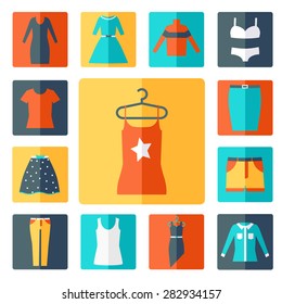 Clothing icons set, shopping elements, flat design vector