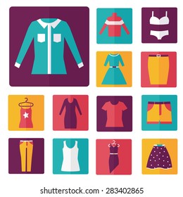 Clothing icons set, shopping elements, flat design vector