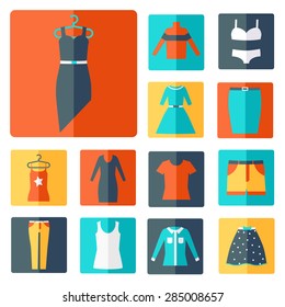 Clothing icons set, shopping elements, flat design vector