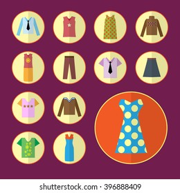 Clothing icons set, shopping elements, flat design. Vector illustration