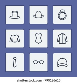 Clothing icons set with sweater, cap and hat elements. Set of clothing icons and cardigan concept. Editable vector elements for logo app UI design.