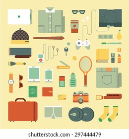 Clothing icons set. Vector design illustration of every day carry and outfit accessories, things, tools, devices, essentials, equipment, objects, items. Flat style.