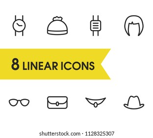 Clothing icons set with watch, winter hat and smart watch elements. Set of clothing icons and jewelry concept. Editable vector elements for logo app UI design.